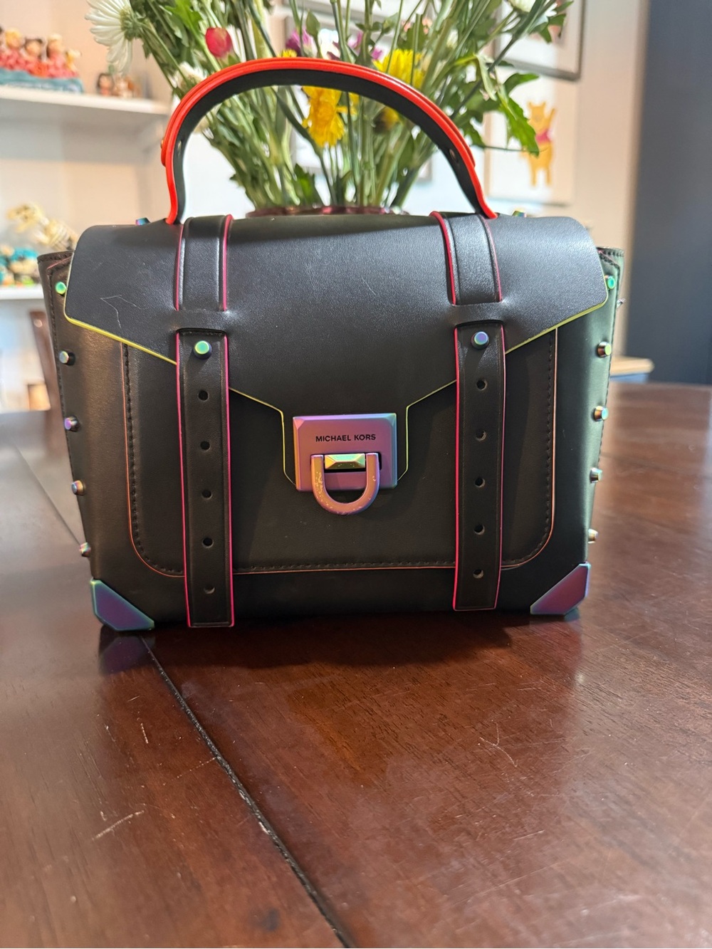 Michael Kors Neon Manhattan Satchel, medium, black. Being sold with dust bag.